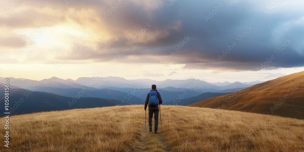 Poster Individual hiking alone representing self-reliance and personal journey, mountain landscape, dramatic skies, adventurous mood