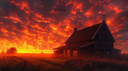 The first light of dawn illuminating a Dutch mill in Zanes-Schans, with the sky in vibrant orange and red hues, casting a warm glow on the mill's aged wooden structure.