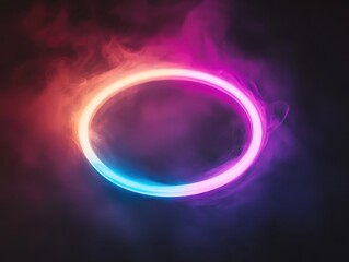 Glowing neon ring with colorful smoke in minimalistic style for modern design