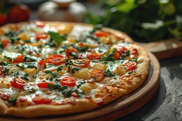 Closeup of a Delicious Homemade Pizza with Tomatoes, Spinach, and Mozzarella