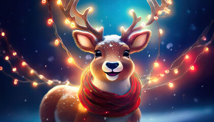 Fototapeta premium A cute reindeer with tangled Christmas lights wrapped around its antlers, smiling playfully in a festive setting, creating a joyful and whimsical holiday scene.