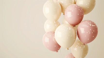 A soft beige background with vintage-style balloons in muted pink and cream, adorned with ivory flake glitter. Suitable for nostalgic birth announcements.