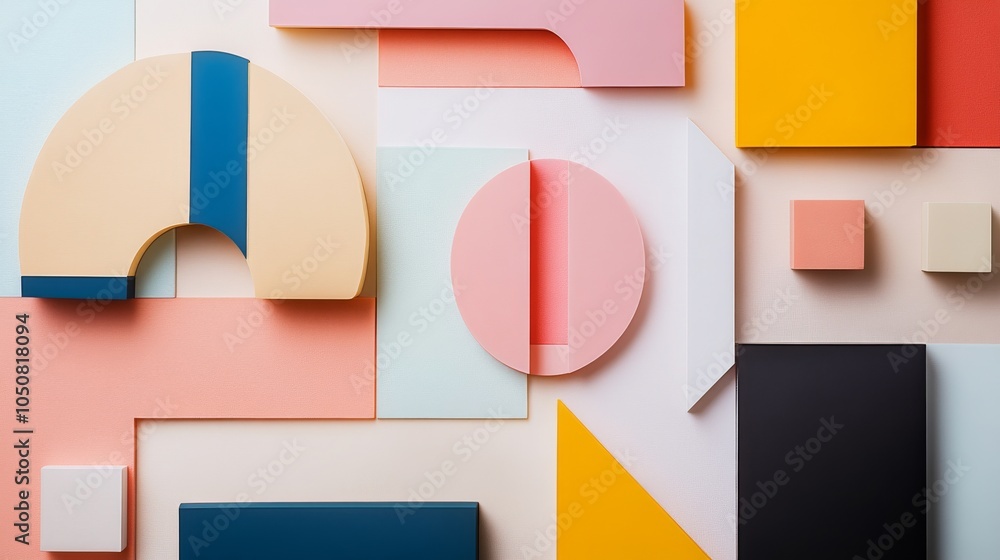 Aufkleber A minimalist arrangement of diverse abstract shapes creating a harmonious pattern on a plain background, Reflecting unity and diversity, photography style