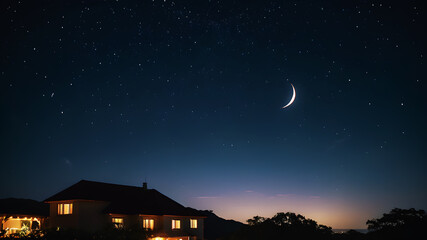 Naklejka premium A peaceful night sky filled with sparkling stars and a glowing crescent moon, with faint fireworks in the distance, evoking a sense of hope and wonder for the New Year.