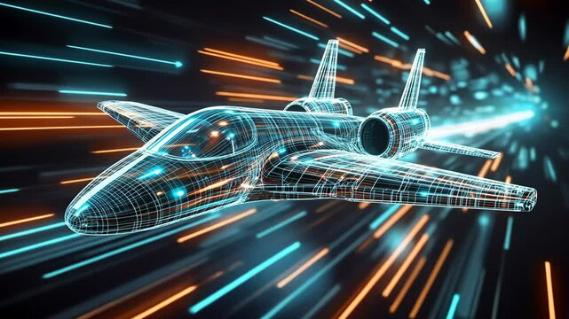 A wireframe airplane flies through a digital tunnel of orange and blue light