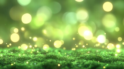 Obraz premium Lush green moss with glowing bokeh lights creates a magical, serene atmosphere, AI