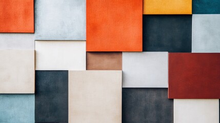 A minimalist arrangement of overlapping squares in various shades forming a mosaic on a plain background, Reflecting harmony and diversity, photography style