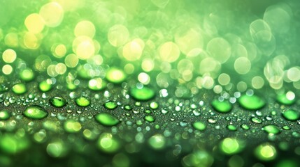 Fototapeta premium Dewdrops glisten on a vibrant green surface, creating a mesmerizing bokeh effect, AI