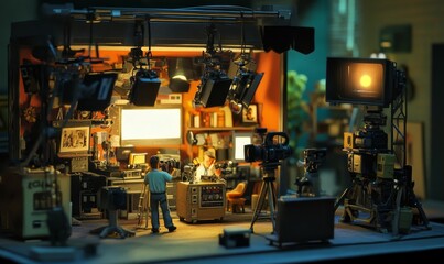 Fototapeta premium Model film set with camera crew and lights.