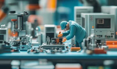 Toy worker assembling tiny circuit board.