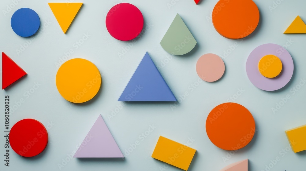 Poster A minimalist representation of colorful geometric shapes arranged in a pattern on a plain background, Signifying diversity and harmony, photography style