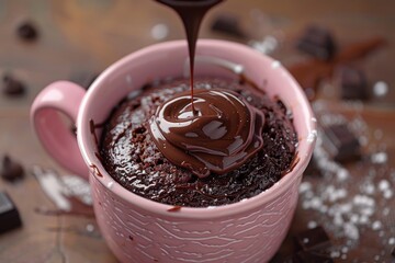 Indulge in a Decadent Chocolate Mug Cake with Drizzled Chocolate Sauce