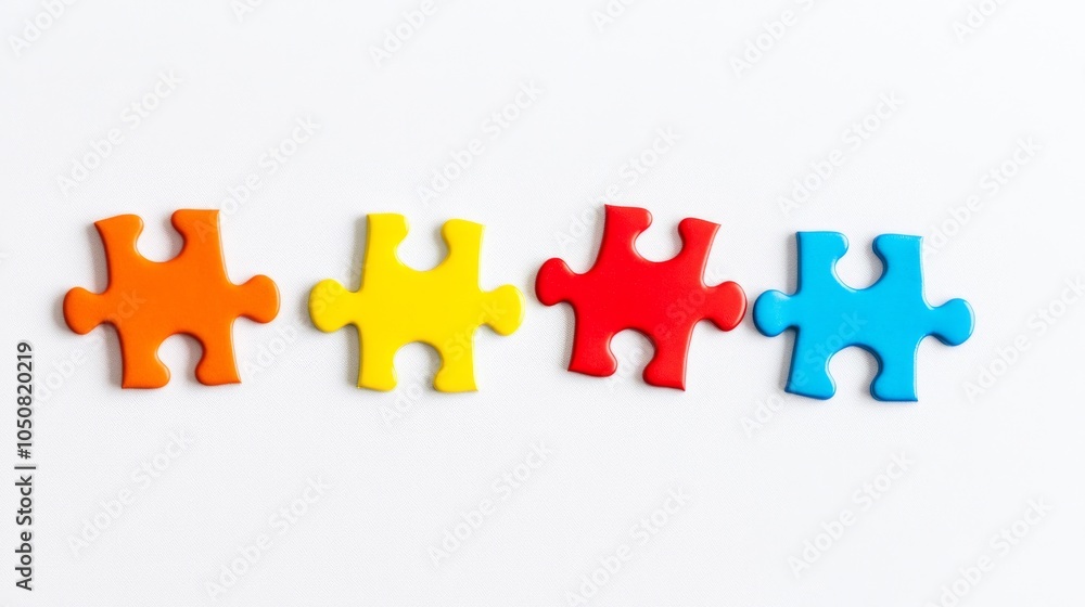 Poster a minimalist representation of colorful puzzle pieces fitting together seamlessly on a neutral backd