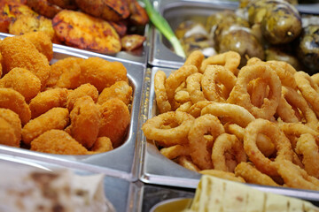 Potatoes cooked in various ways. Various boiled, fried and deep-fried foods