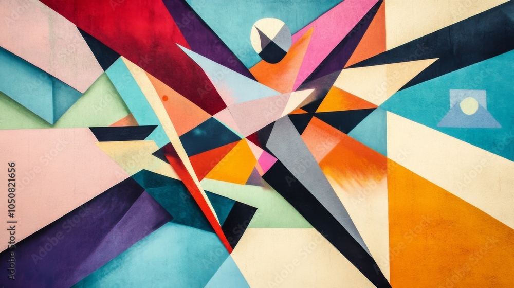 Poster a modern art depiction of diverse abstract shapes converging towards a central point on a plain back