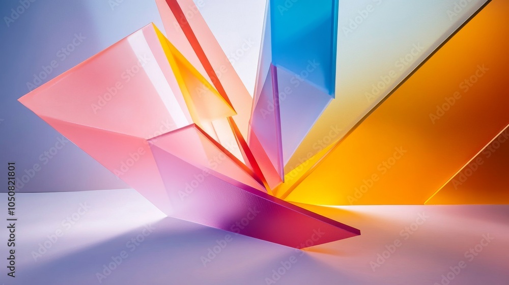 Poster a modern art depiction of diverse abstract shapes converging towards a central point on a plain back