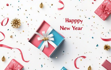 Obraz premium 3D open gift box with gold confetti flying out of it, pastel blue and pink color palette, Christmas tree toy inside the open present box. Merry Christmas or happy new year concept design