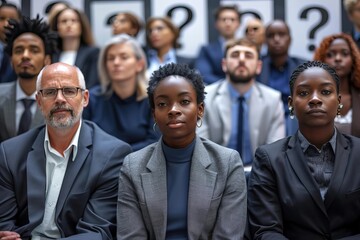 Businesspeople in a Row with Question Marks Over Their Faces