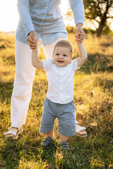 Fototapeta premium A mother walks and plays with her son in the garden at sunset holding the hands