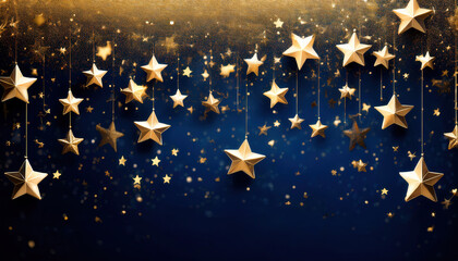 A dark, midnight blue or black background with scattered golden stars and sparkling glitter, creating a magical and dreamy atmosphere perfect for holiday and celestial themes.