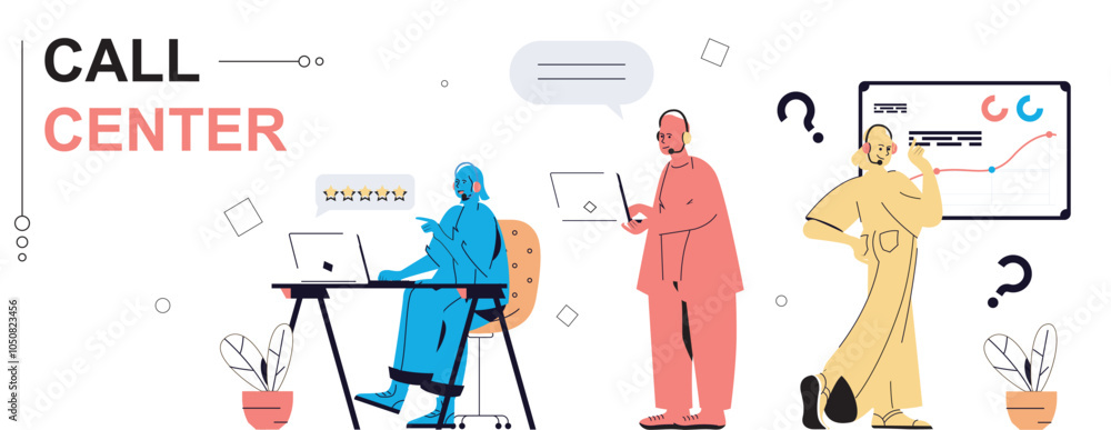 Leinwandbilder call center concept in flat cartoon design for web banner. people answering calls and online message