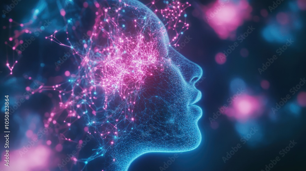Poster a digital representation of a human profile filled with glowing neural connections and particles.