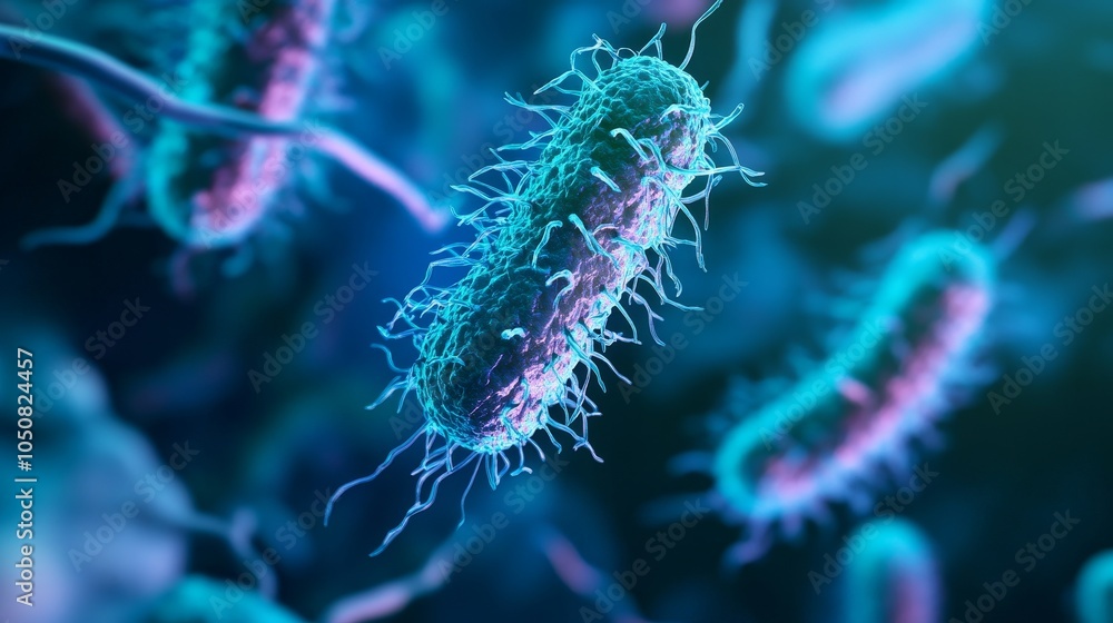 Aufkleber this image captures a detailed portrayal of bacteria with fine structures as they float in a brightl