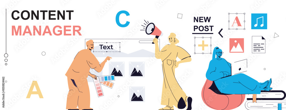 Poster content manager concept in flat cartoon design for web banner. people filling sites with images grap