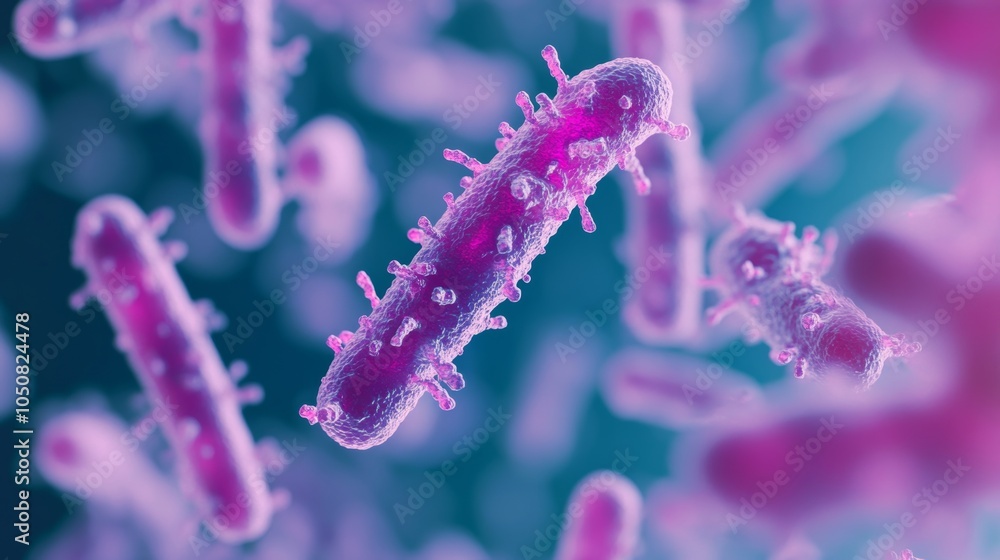 Poster 3d render of purple bacteria floating against an azure background, showcasing their fine texture and
