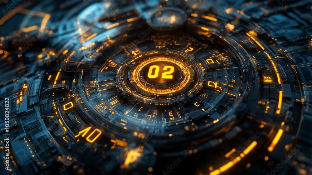 Poster a futuristic digital clock surrounded by glowing circuit elements, symbolizing time and technology's