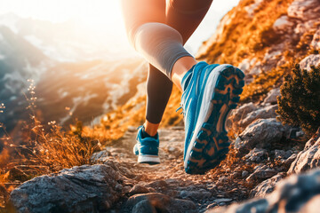 A close-up of a runner's feet in blue sneakers on a rocky mountain trail, capturing the spirit of outdoor adventure and active lifestyle. Suitable for fitness, hiking, and endurance content.