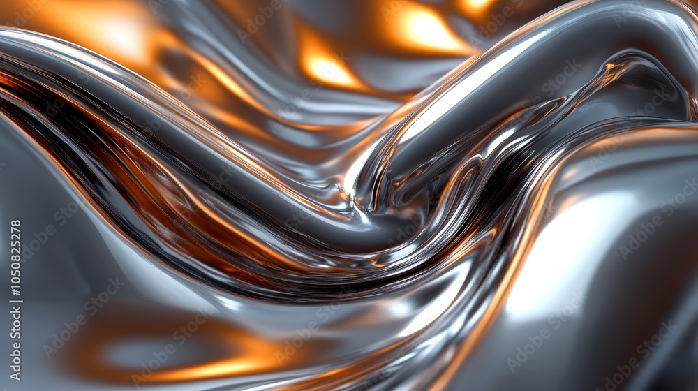 Poster a smooth, flowing surface combining metallic silver and orange hues, creating an abstract, futuristi