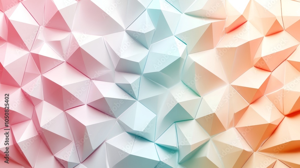 Poster a soothing geometric design featuring polyhedral shapes in soft pastel colors, creating an intricate