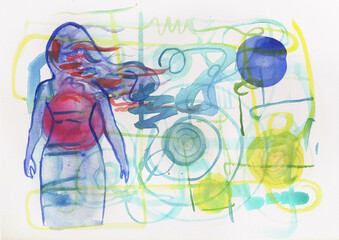 A Person Stands Amidst Swirling Abstract Watercolor Shapes and Circles, hand-made watercolor