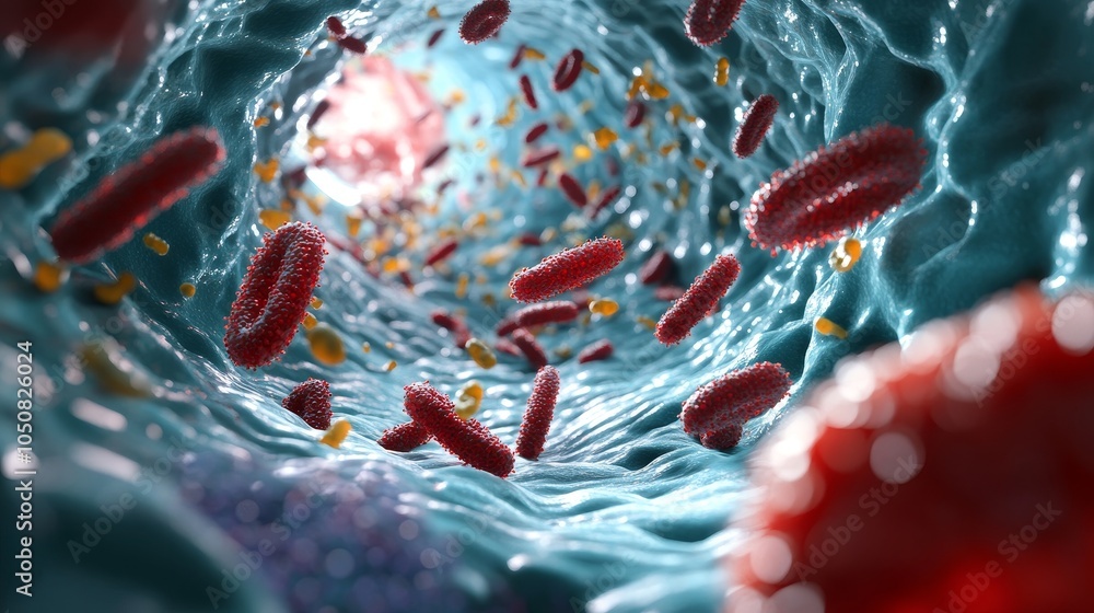 Poster this image depicts bacteria floating through a dynamic blue and red tunnel, highlighting the unseen 
