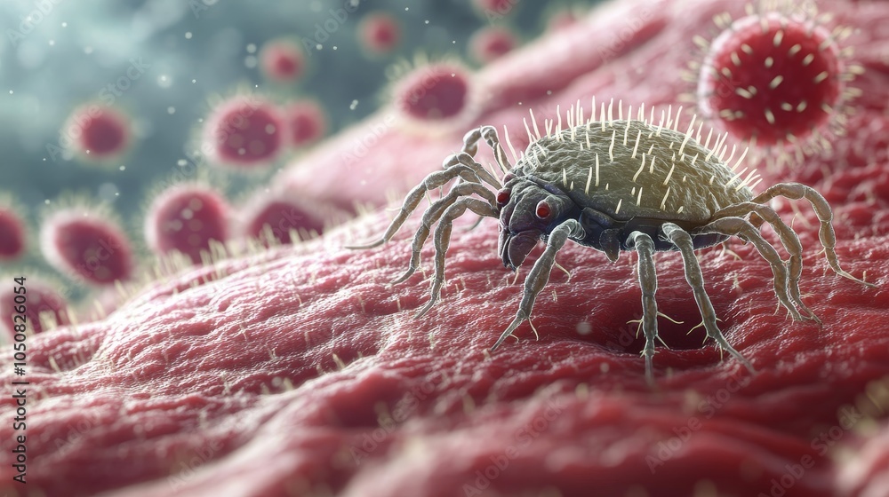 Poster a detailed, realistic rendering of a spider-like microorganism with spiky projections walking on a t