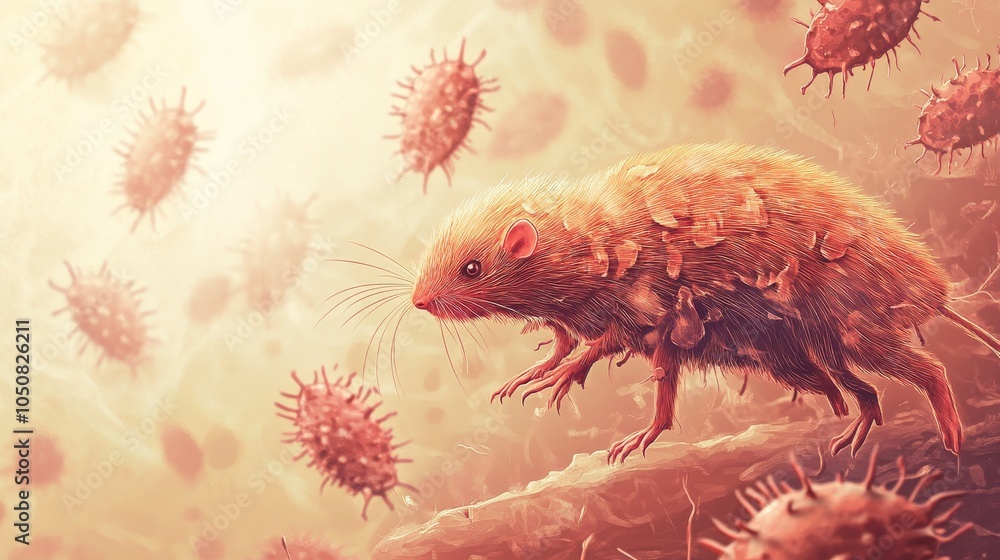 Aufkleber illustrating a mouse-like creature enveloped by virus-like structures, this image visually represent