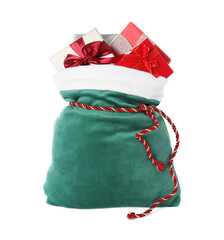 Santa Claus bag with gift boxes isolated on white
