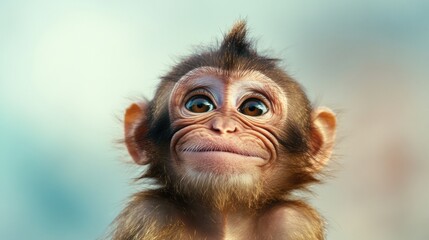 Adorable baby monkey with wide eyes and a curious expression against a soft background, AI