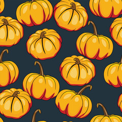 Seamless pattern with pumpkins on color background. Vector hand drawn sketched pumpkin. Autumn illustration for holidays, Halloween. Various food items in doodle style