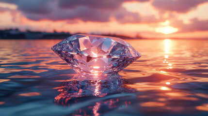 Fototapeta premium Luxury Shining Diamond Reflecting Sky over Rippled Water Surface at Sunset