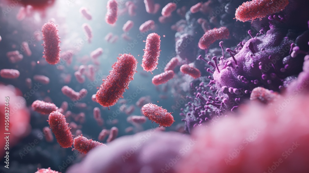 Poster the image features microscopic pink bacteria immersed in a vibrant environment, highlighting their d