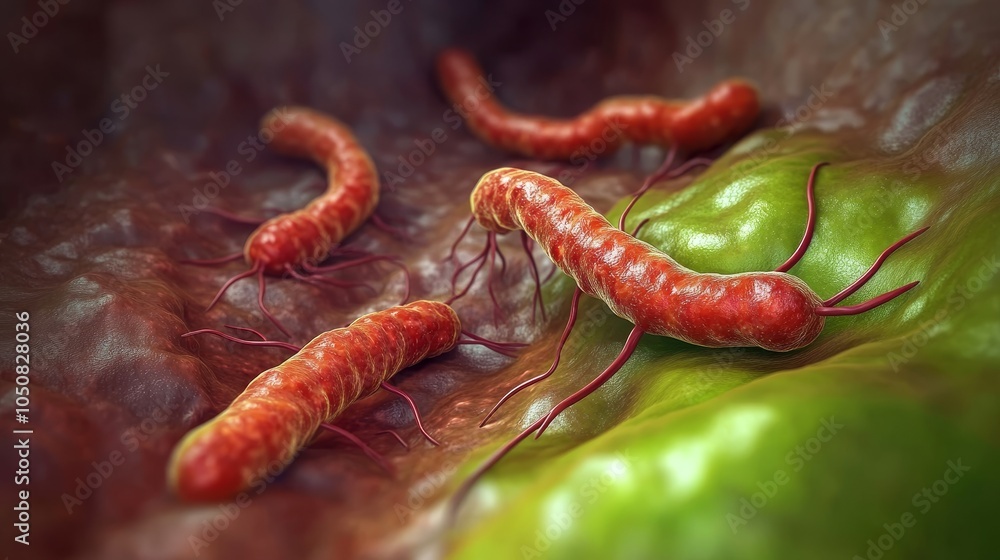 Poster this image highlights curved red bacteria on a textured green organic surface, emphasizing their uni