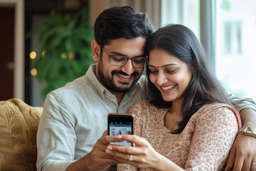 Fototapeta premium Smiling Couple Looking at Phone Together on a Couch