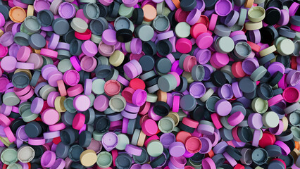 Top view on a pile of colorful plastic bottle caps. Plastic industry product. Garbage reuse. 3d render illustration