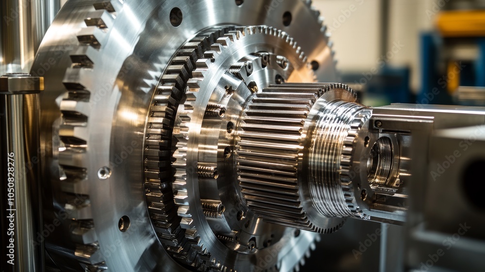 Aufkleber An impressive view of large metallic gears reflecting light, representing the seamless integration of design and functionality in modern engineering machinery.