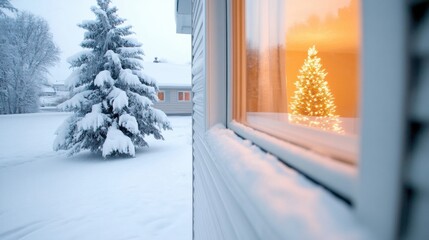 Snow-covered landscape with a glowing Christmas tree seen through a frosted window, AI