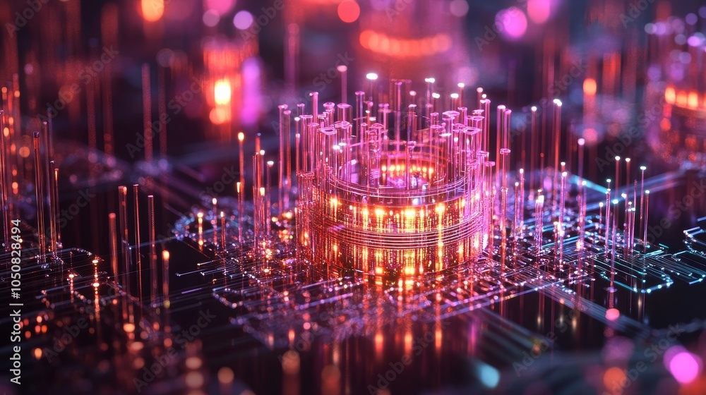 Poster an elaborate circuit board design highlighting glowing elements, representing modern technological d