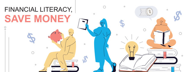 Financial literacy concept in flat cartoon design for web banner. People getting new information, saving money in piggy bank, managing personal finance and make smart investition. Vector illustration.