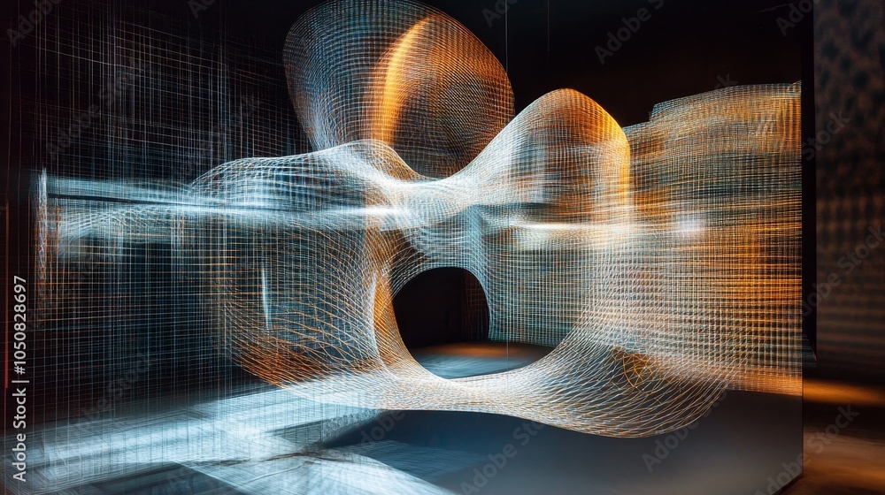 Poster this image features a dynamic digital light artwork that creates a captivating illusion of depth and